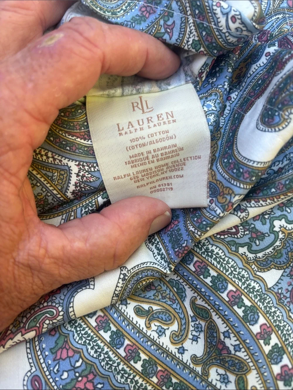 Ralph Lauren White Paisley Comforter with Blue and Gray Accents. Harbor Island